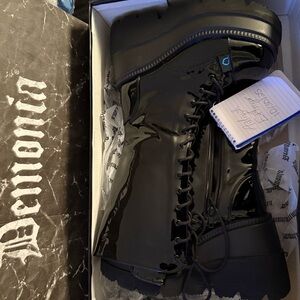 Demonia Glossy Black Lace-Up Boots